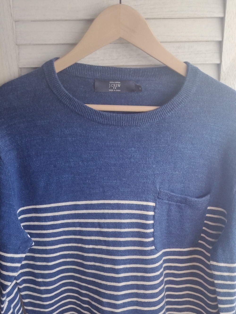 J. Crew Navy and White Striped Crewneck Sweater with Pocket